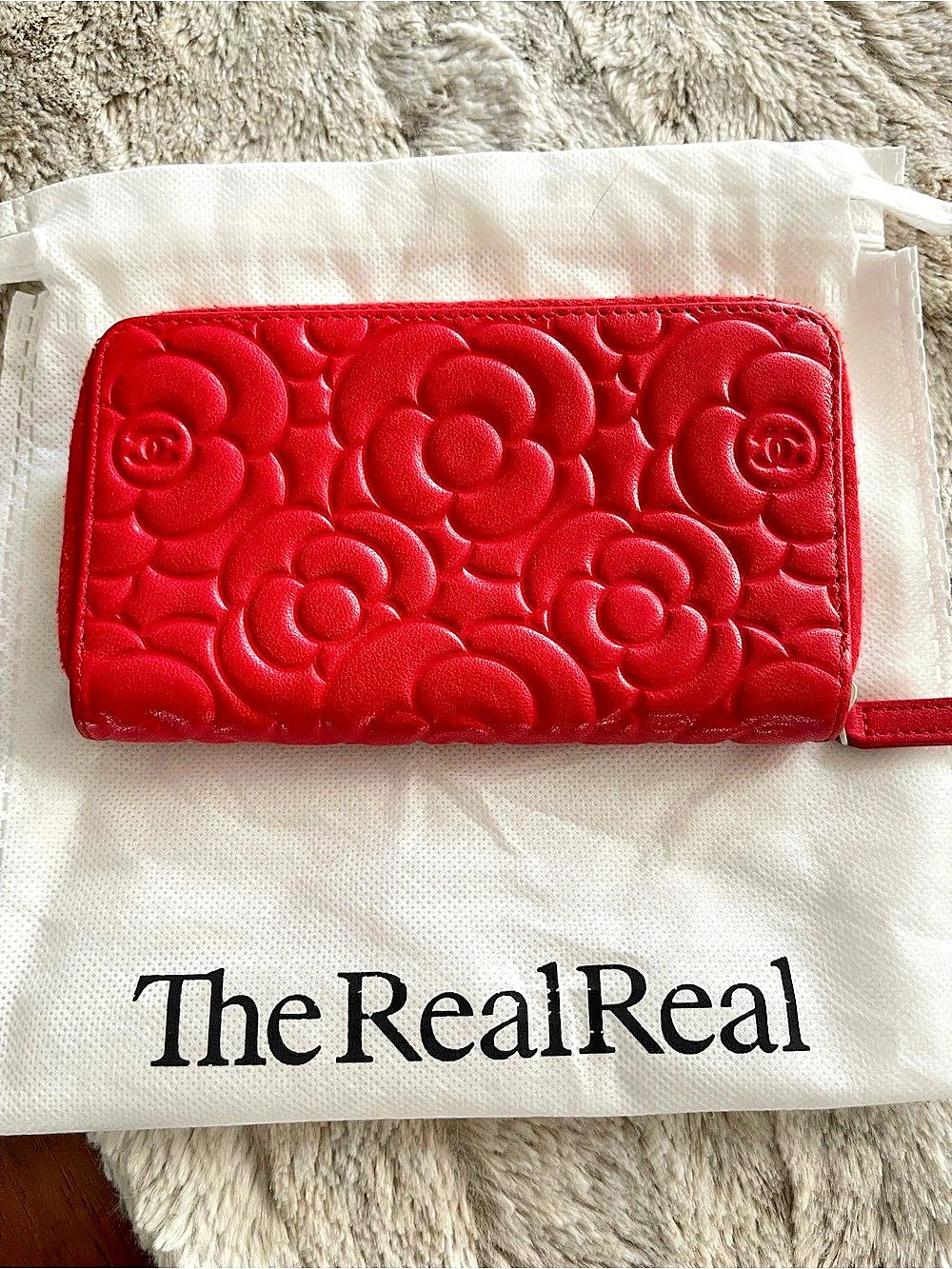 CHANEL Red Camellia Embossed Zip Around Wallet Silver CC EUC